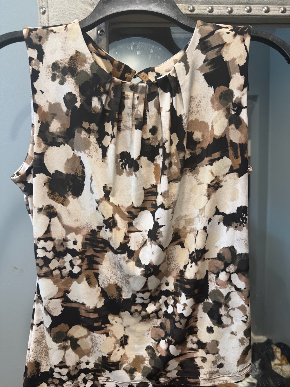 Calvin Klein Floral Print Sleeveless Shell in Cream, Black and Brown